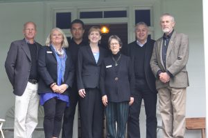 U.S. Consul General Melanie Higgins (centre) at Clendon House in Rawene with Heritage New Zealand staff (left to right) James Robinson, Natalie McCondach, Mita Harris, Aranne Donald, Nick Chin and Lindsay Charman. (Image sourced HNZ Media Release)