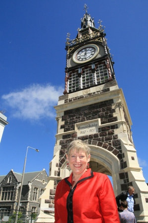 Mayor Lianne Dalziel in front of Victoria Clock Tower (Images sourced CCC)